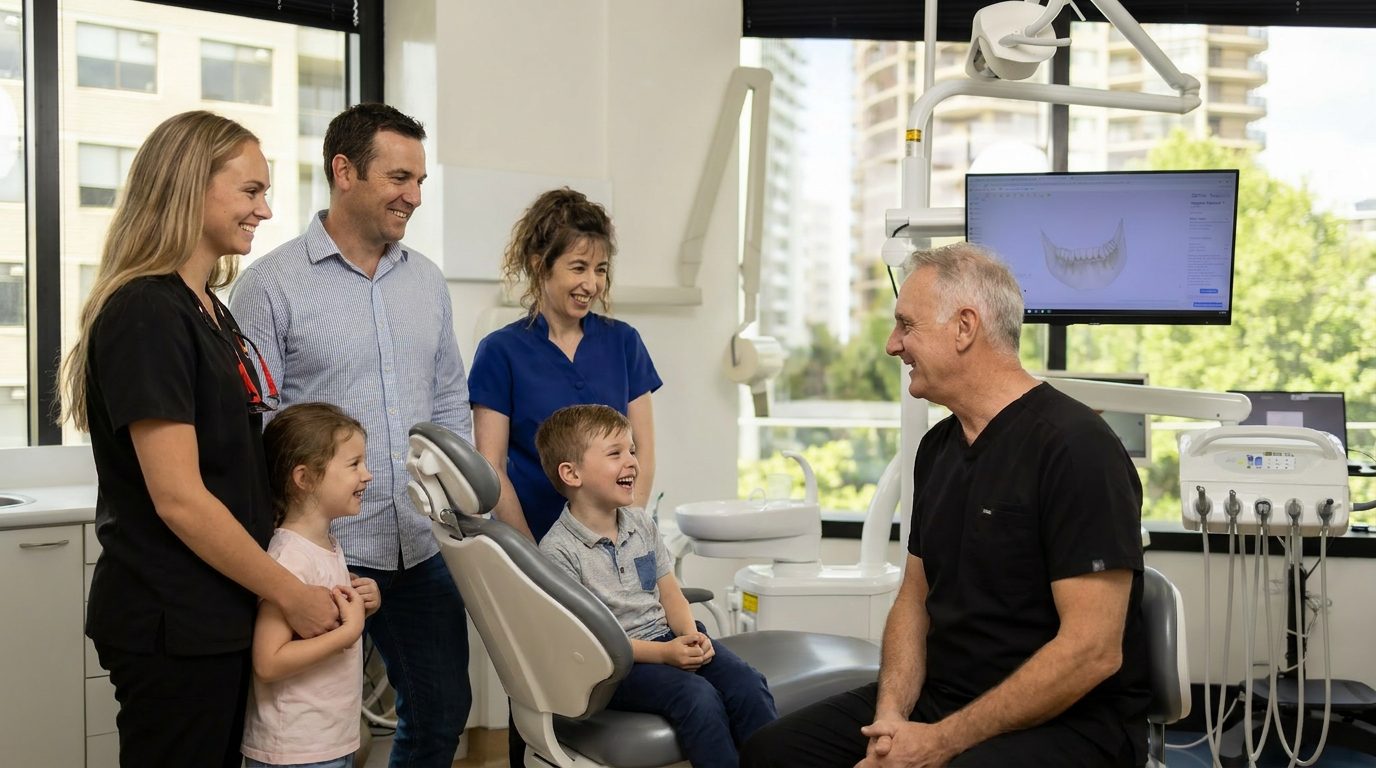 A family with young children visiting Dr Brendan Quill at Dentist In The Park, Bondi Junction